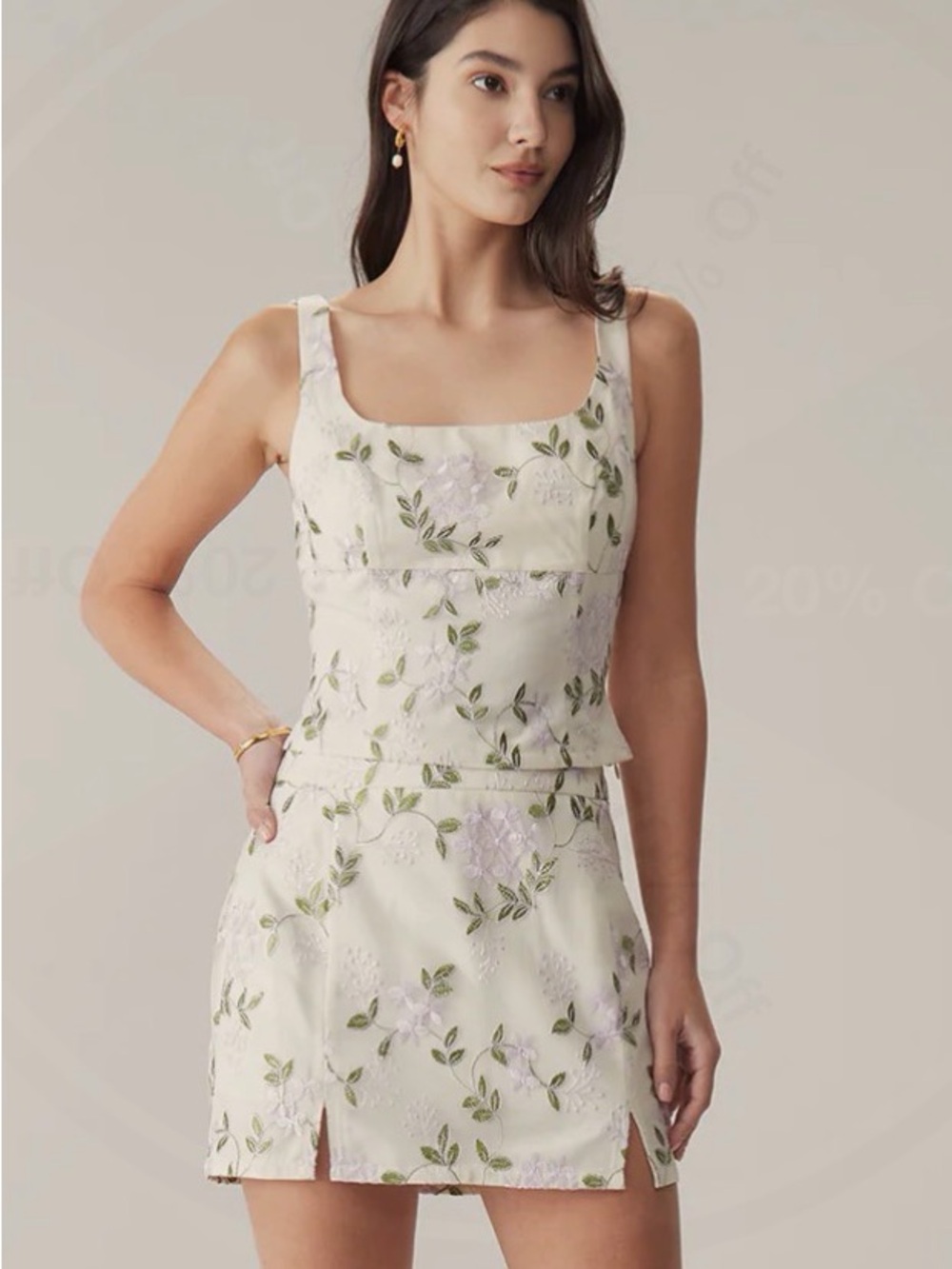 RIHOAS Floral Embroidered Cream Dress with Green Accents